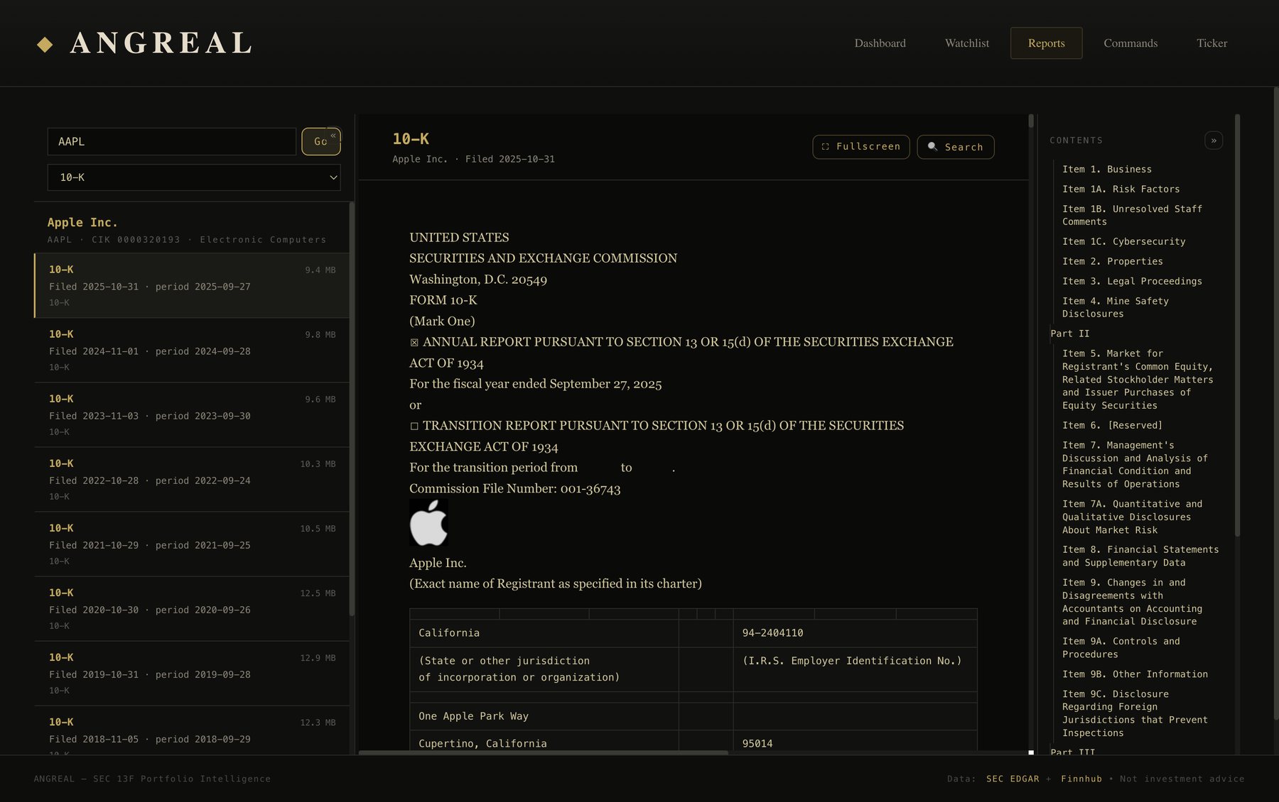 Apple's 2025 Form 10-K open in Angreal's reader with a table of contents on the right