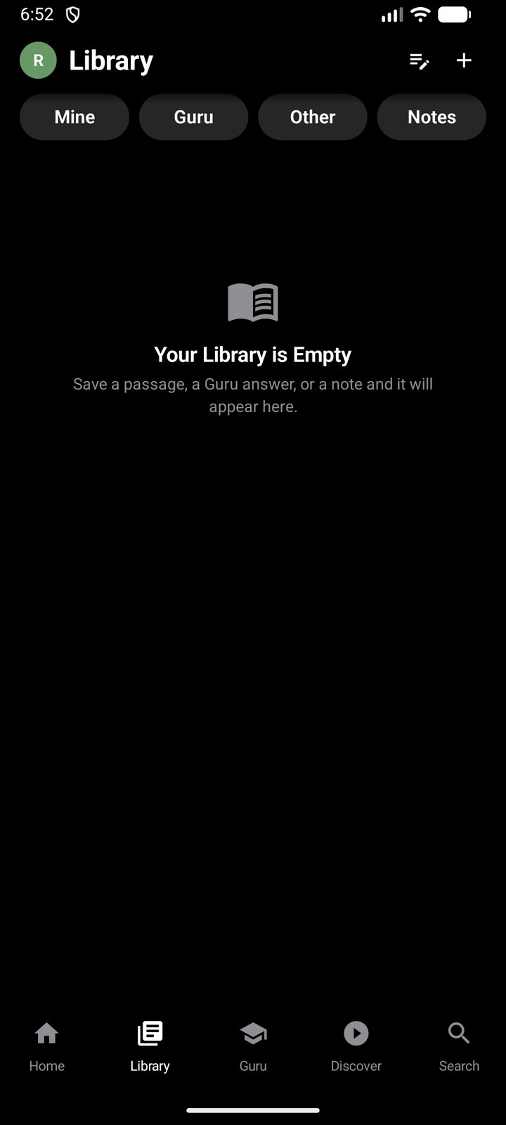 Nalanda Android Library tab with Mine, Guru, Other and Notes filters