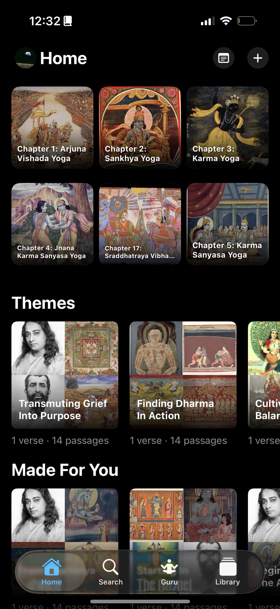 Nalanda iPhone Home tab with Gita chapter covers, Themes and Made For You shelves
