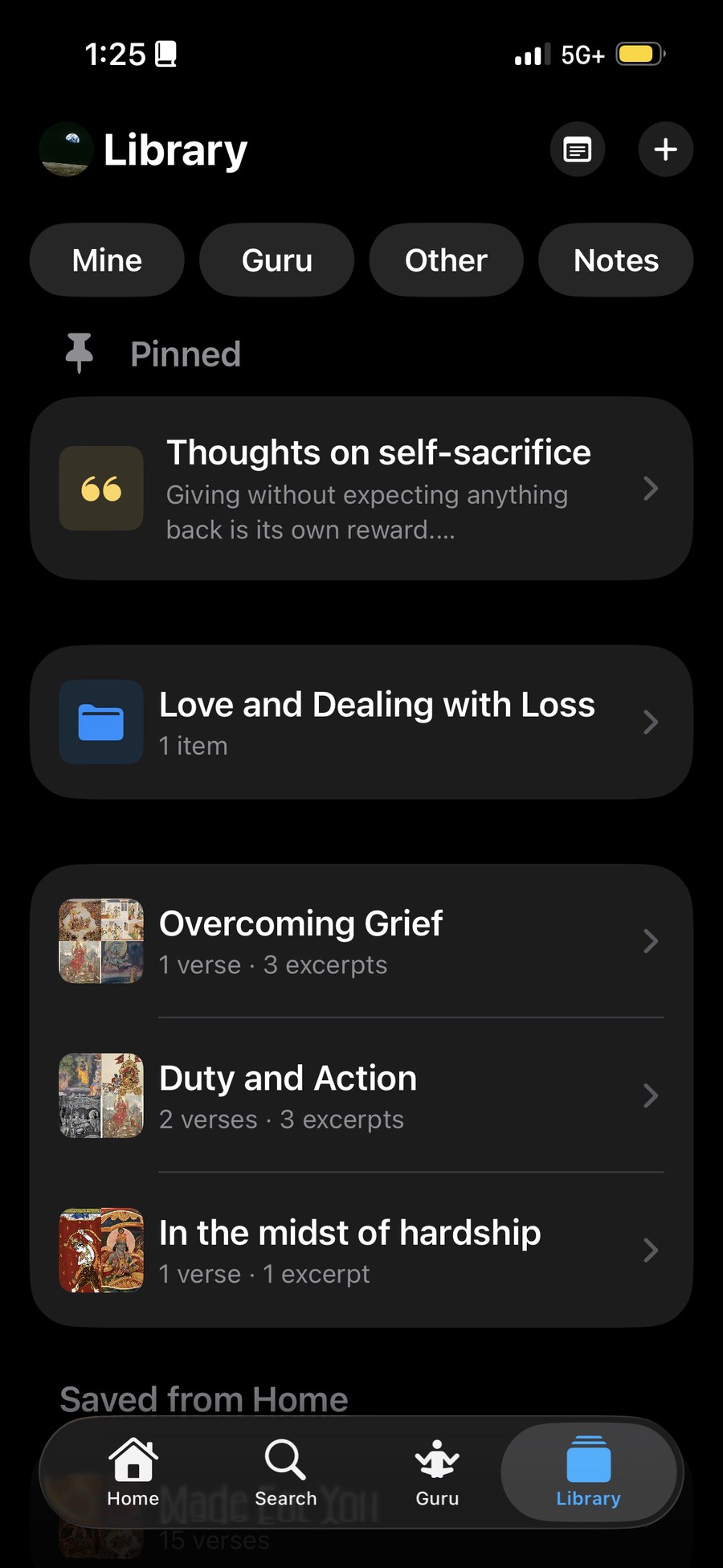 Nalanda Library with pinned notes, folders and saved playlists